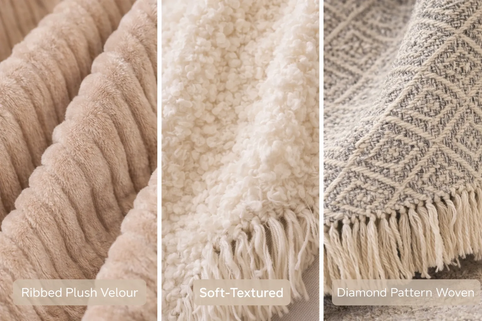 Close-up texture view of throw blanket surface and finishing