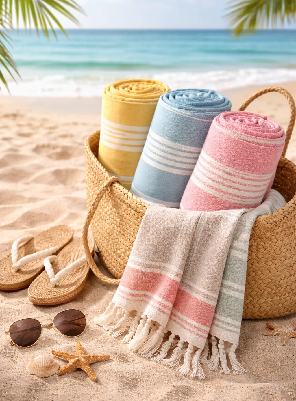 Beach peshtemal towels displayed as lightweight fast-drying collection