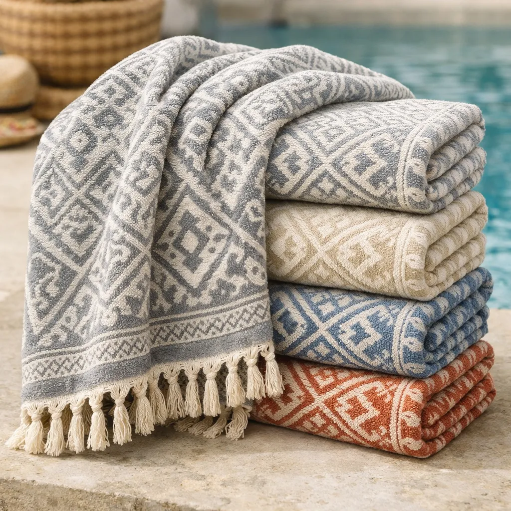 Jacquard and textured peshtemal towel example with woven pattern
