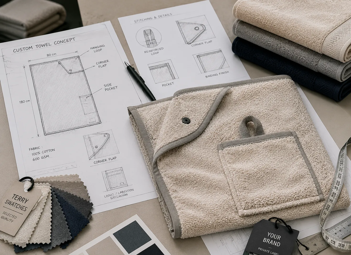 Custom Towel Manufacturer Custom towel product development with technical drawings, fabric swatches and functional towel details
