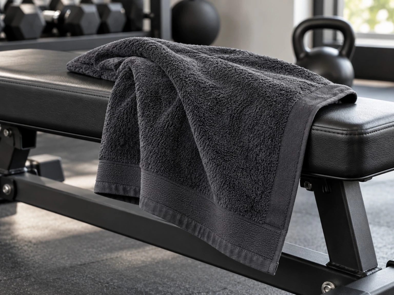 Charcoal cotton gym towel on a workout bench